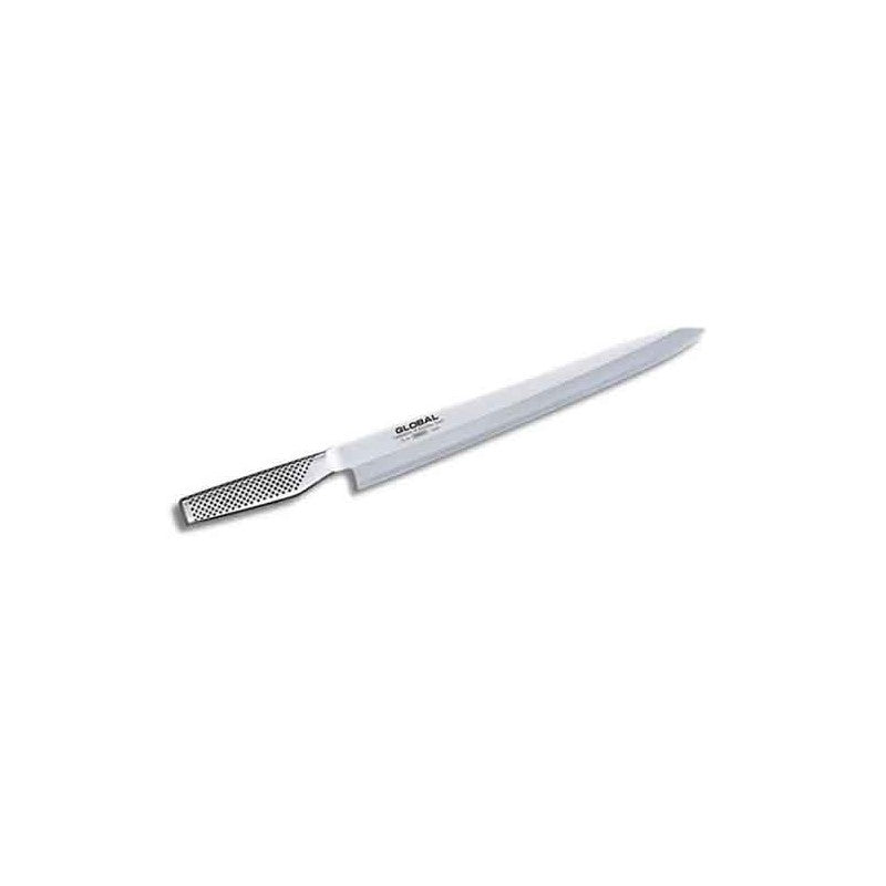 Cuchillo sashimi Global G-11R yanagiba hoja 25 cm, vista completa sobre fondo blanco