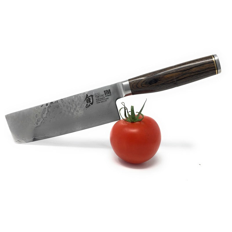 Cuchillo nakiri Kai Shun Premier 14 cm vista lateral hoja plana damasco