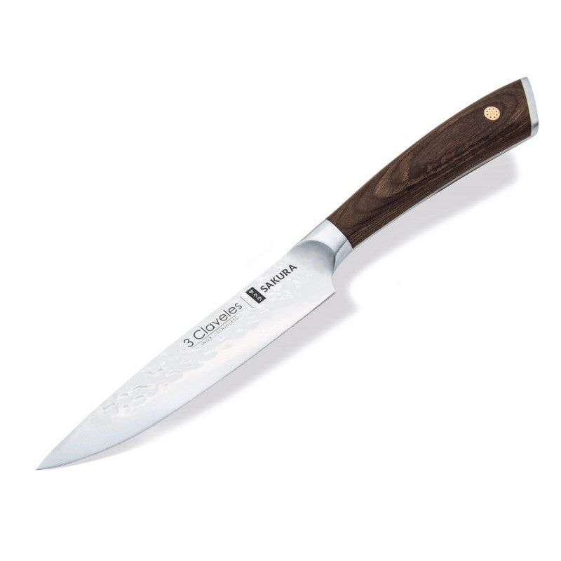 Cuchillo utilitario 3 Claveles Sakura 12,5 cm con hoja martillada y mango pakka