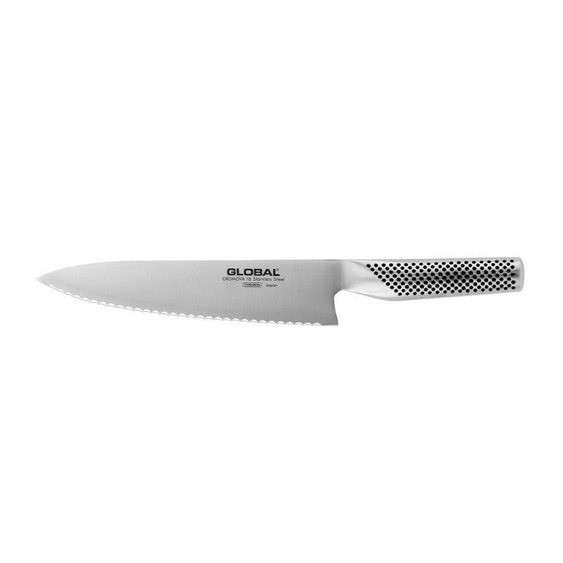 Cuchillo Global G-23 de pan con hoja dentada de 24 cm en acero CROMOVA 18, vista lateral completa