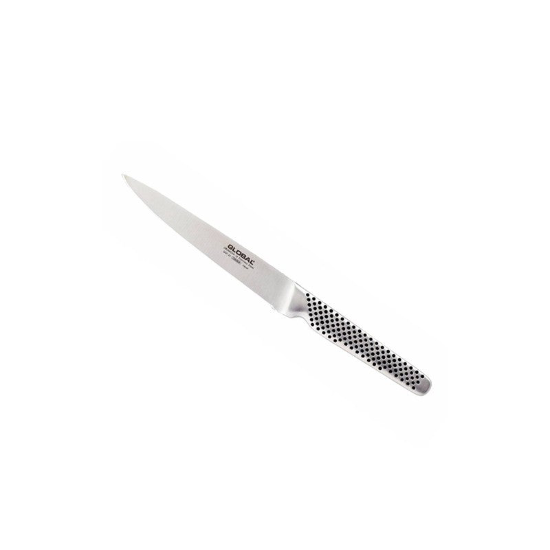 Vista frontal del cuchillo utilitario Global GSF-24 Serie GSF con hoja estrecha de 15 cm