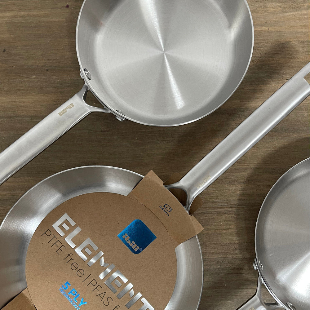 Detalle sartén Ibili Element 5PLY acero inoxidable 304 interior aluminio capas intermedias base magnética inducción