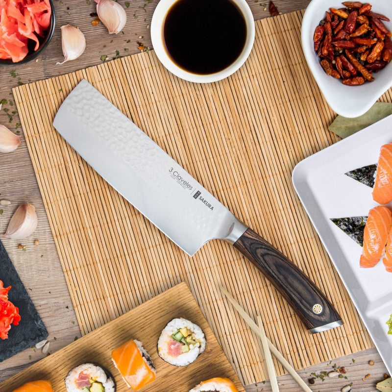 Cuchillo nakiri usuba 3 Claveles Sakura 17 cm con hoja rectangular martillada