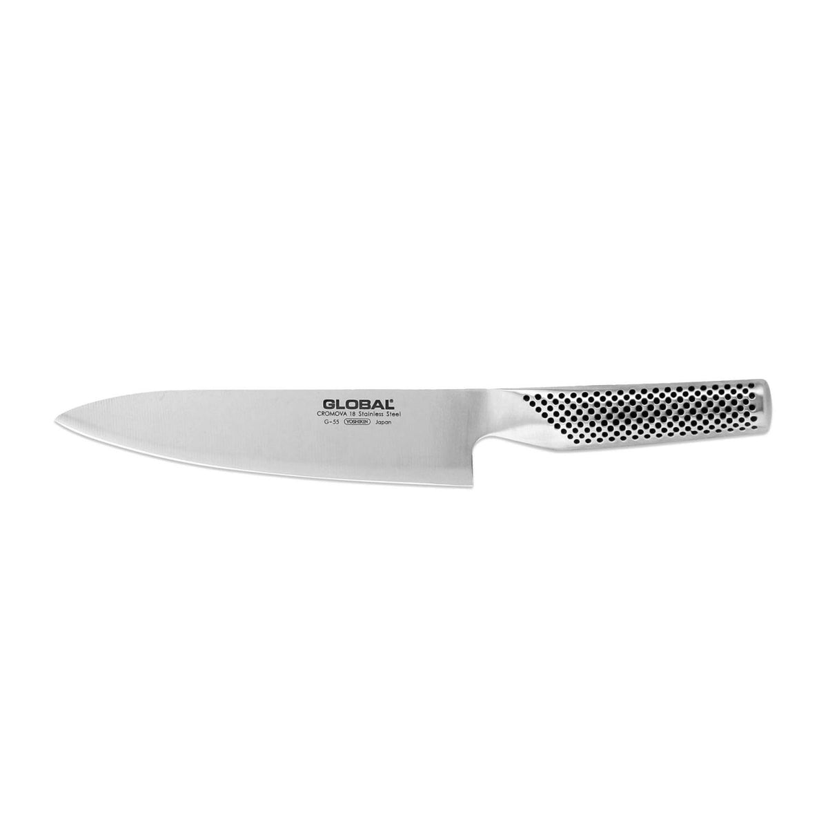 Detalle del mango y hoja del cuchillo cebollero Global G-55 Serie G 18 cm