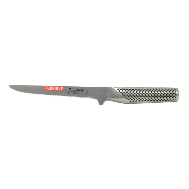 Cuchillo deshuesador Global G-21 Serie G, detalle del filo doble cara en acero CROMOVA 18