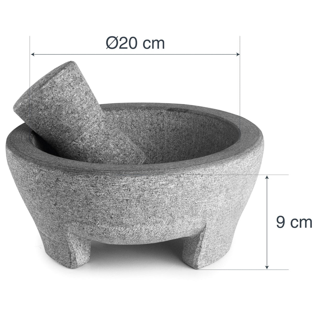 Molcajete mexicano preparando guacamole - Mortero granito natural con mano piedra