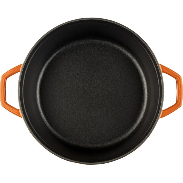 Detalle tapa cocotte naranja Hosse hierro fundido sistema condensación auto-riego
