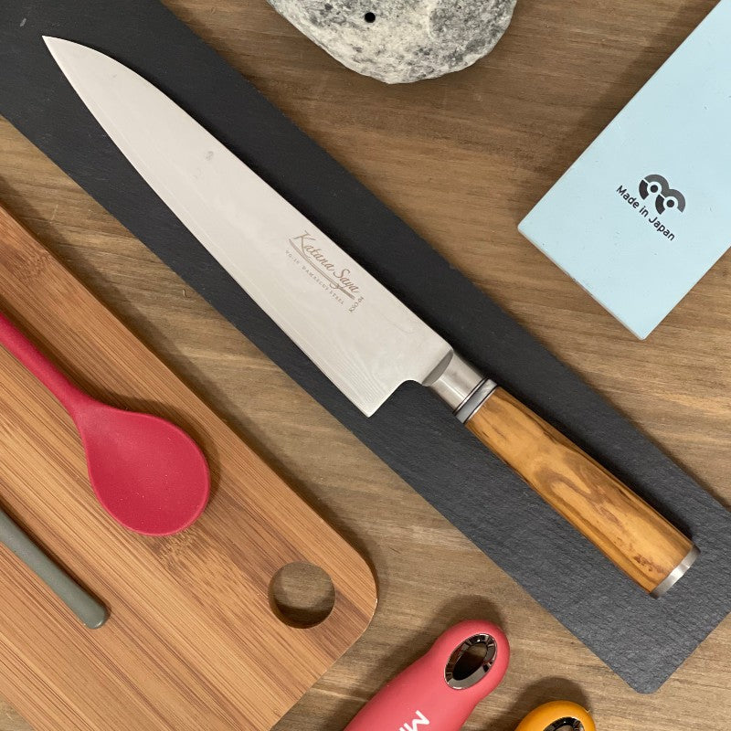Cuchillo acero damasco y mango madera de olivo