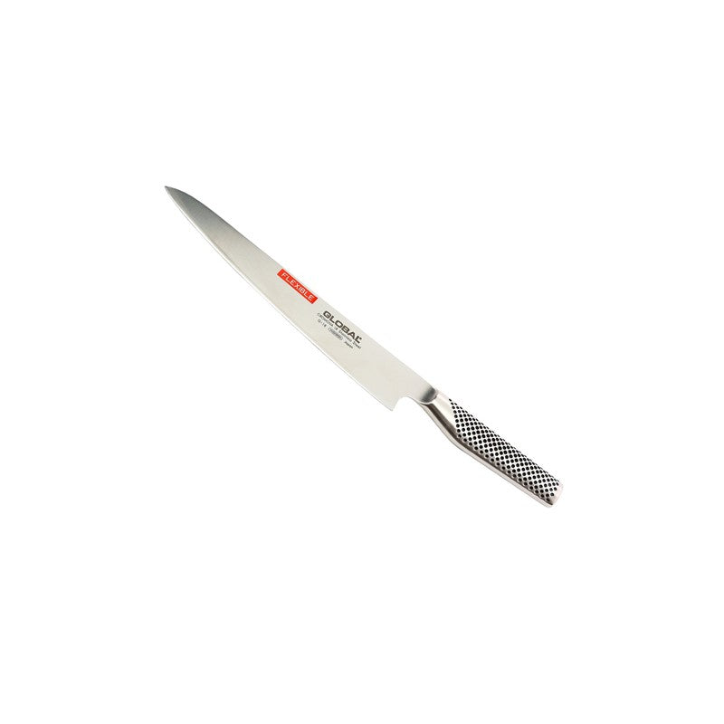 Vista frontal del cuchillo fileteador flexible Global G-18 Serie G con hoja estrecha de 24 cm