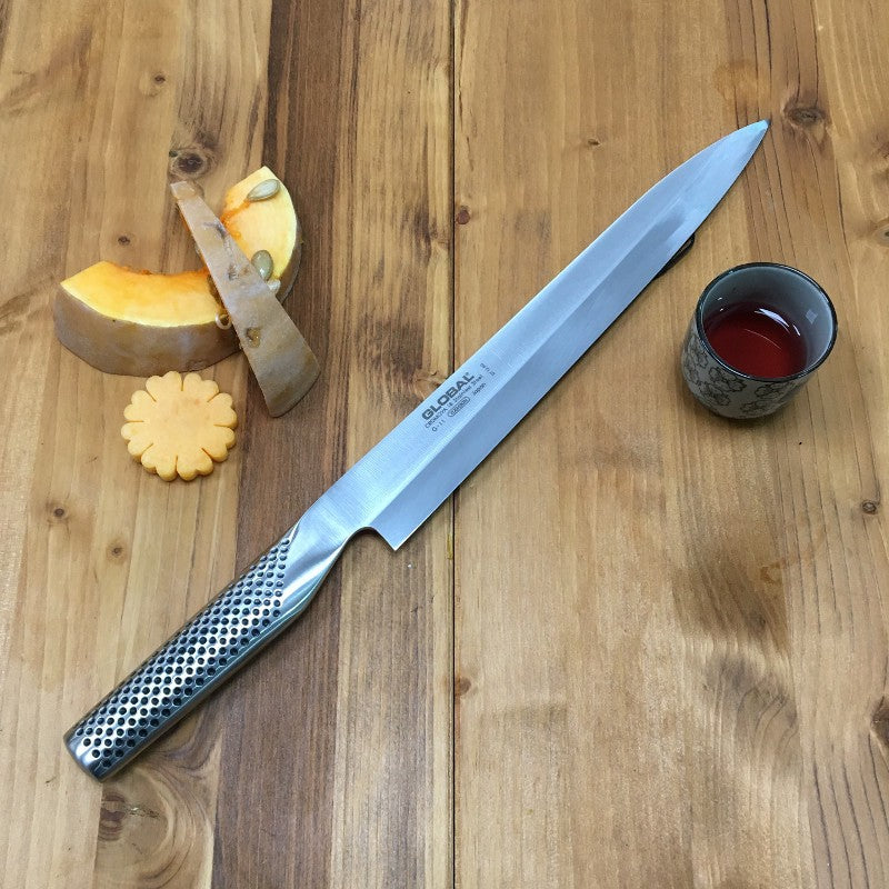 Cuchillo sashimi Global G-11R yanagiba de 25 cm en acero CROMOVA 18, vista lateral