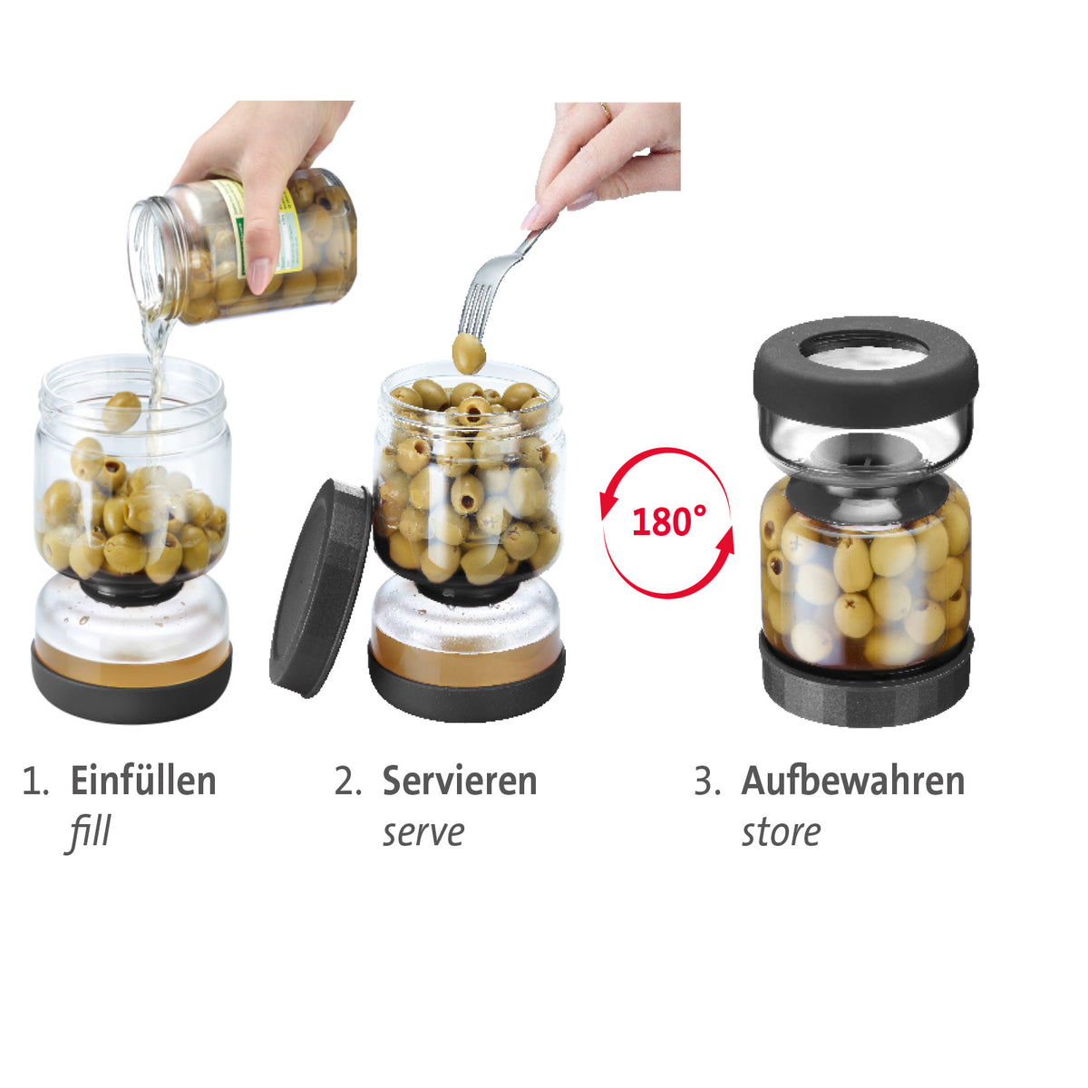 Tarro Westmark 900 ml en puerta de frigorífico con aceitunas y encurtidos