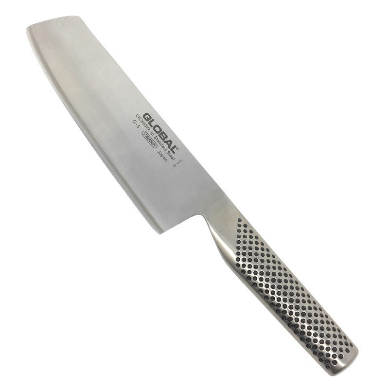 Vista frontal del cuchillo Global G-5 nakiri Serie G con hoja ancha de 18 cm